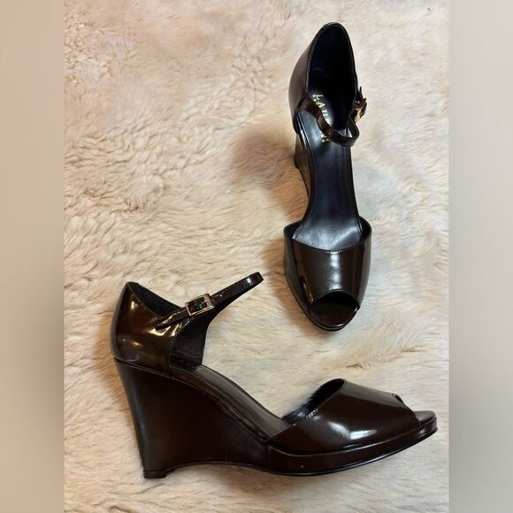 Ralph Lauren Brown Patent Leather Wedge Shoes size 8 - Picture 1 of 11